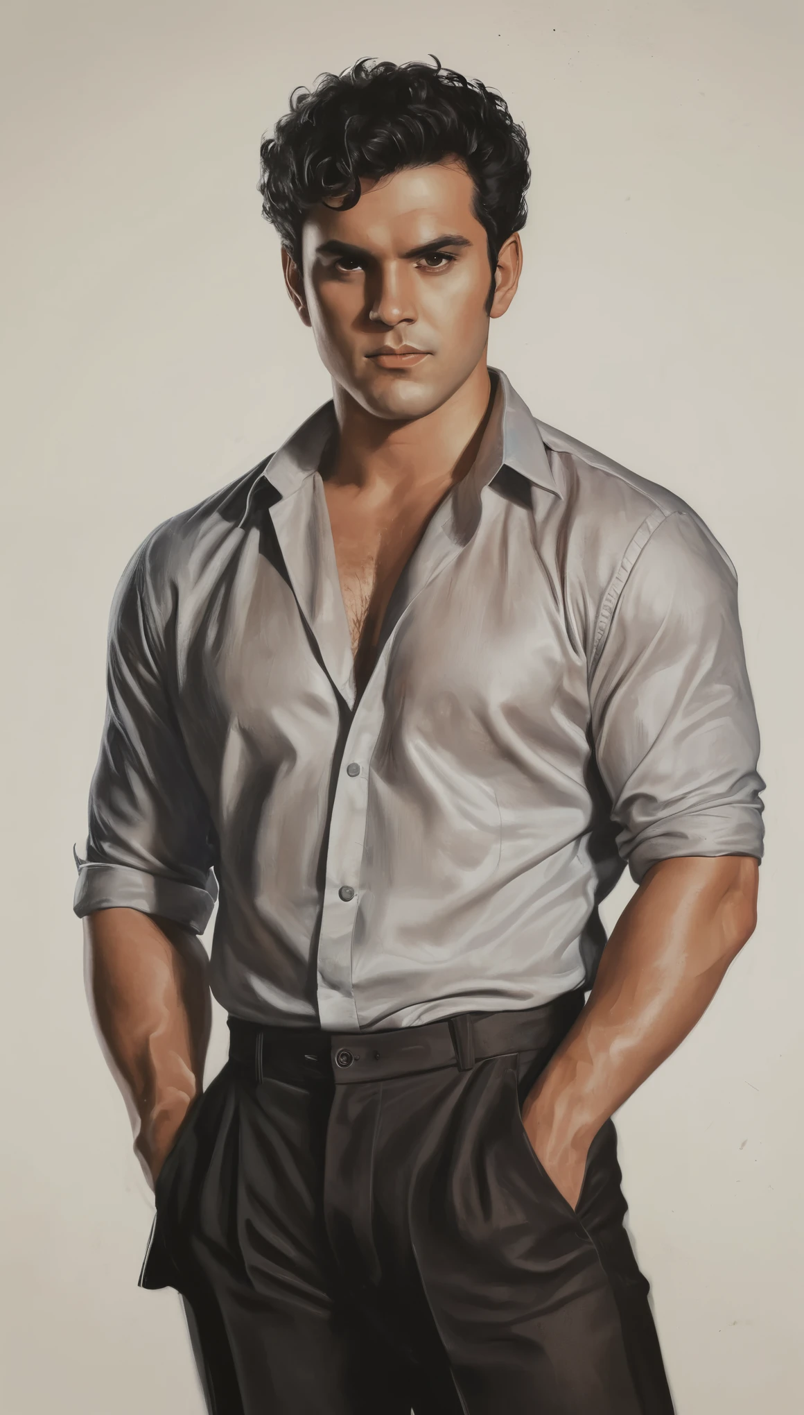 An illustrated movie poster, hand-drawn, full color, a male demon, 28 years-old, wearing a silk shirt and black slacks, reddish skin, stocky physique, soft belly, slightly chubby, deep brown eyes, wide bulbous nose, full lips, devil horns, black hair, curly hair, thick bushy eyebrows, extremely hairy chest, stomach, and arms, lots of body hair, surrounded by fire, hard shadows, graphite shading, stencil markings, airbrushed acrylic paint, masterpiece