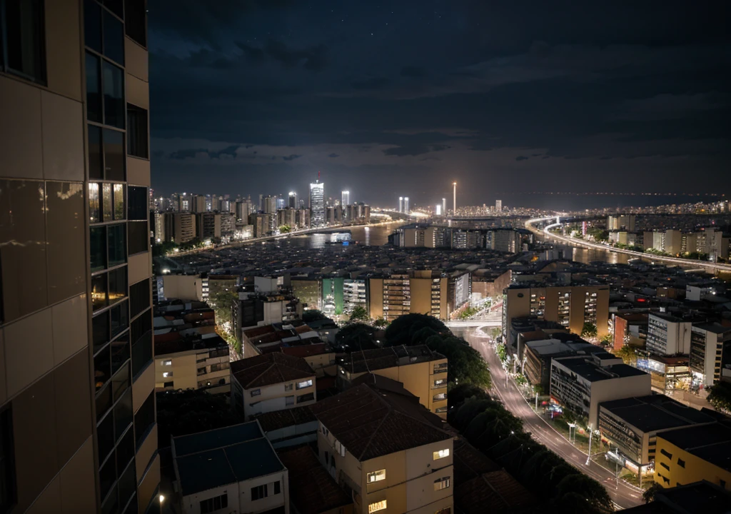 melhor qualidade, noite, cidade, chuva, buildings, luzes 
