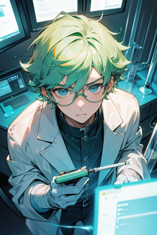 1 guy, expressive face, green hair with white splash, short hair, no bangs, curls, blue eyes, glasses, scientist, holding a test tube, watch on hand, blue t-shirt, white coat, pen in pocket, thoughtful, portrait, in the laboratory, computer screens, test tubes, gloves, bandaged hands, super detailed, standing, perspective, top view