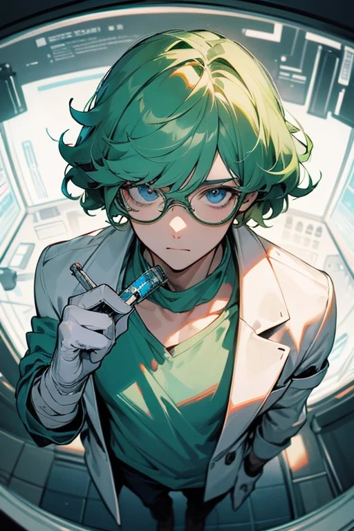 1 guy, expressive face, green hair with white splash, short hair, no bangs, curls, blue eyes, glasses, scientist, holding a test tube, watch on hand, blue t-shirt, white coat, pen in pocket, thoughtful, portrait, in the laboratory, computer screens, test tubes, gloves, bandaged hands, super detailed, standing, perspective, top view