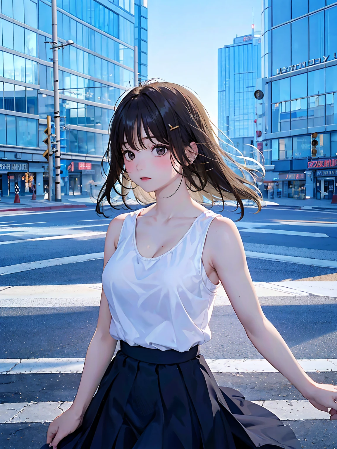  (1womanl,standing alone),On a date、cowboy shot,Adult beauties,20 years old、Japanese,face perfect, beautiful and symmetrical face:1.4、beautiful  face:1.2、gorgeous eyes:1.2、dark brown hair,short-cut hair,eyes browns,shy look、View Public,a smirk、(Smaller head:1.4、Ideal Body Proportions Ratio:1.5)、skinny,slenderbody,(medium breasts:1.3),white camisole、just shoulder、Gray miniskirt、pleatedskirt、busy street、Tokyo