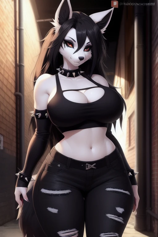 uploaded on e621, explicit content, 3d, cutesexyrobutts, hioshiru, female, solo, mightyena, alleyway setting, (black eyeshadow, black skinny jeans, spiked collar, black crop top, goth style), clothed, clothing, three-quarter portrait, closeup, standing, figure, big breasts, toned stomach, thick thighs, wide hips, long hair, expressive eyes,