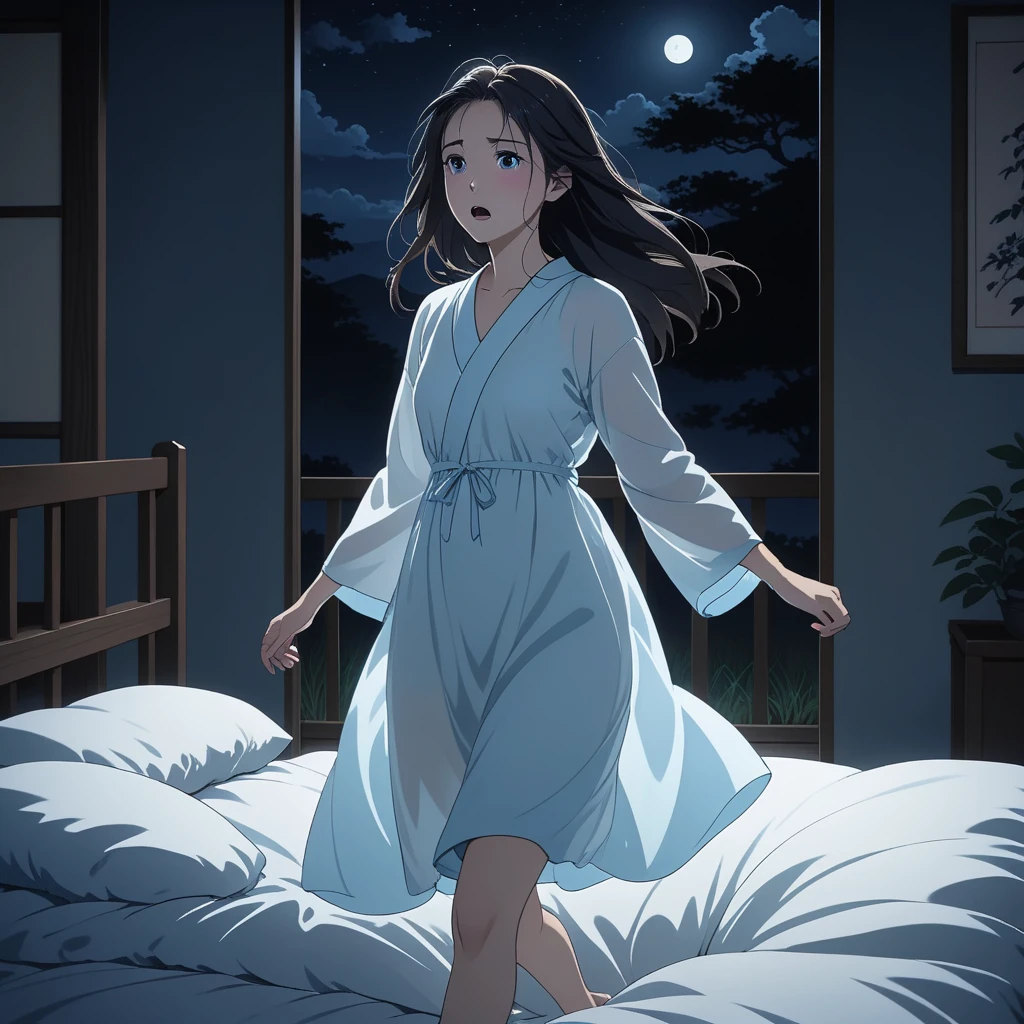 masterpiece, High resolution, illustration, kyoto animation style, cinematic style, night, midnight, Light, (1 female: 1.3), (alone: 1.4), long eyelashes, long hair, hair blowing, nose blushing, futon, running frightened, nightdress, Hide with hands, full body view.