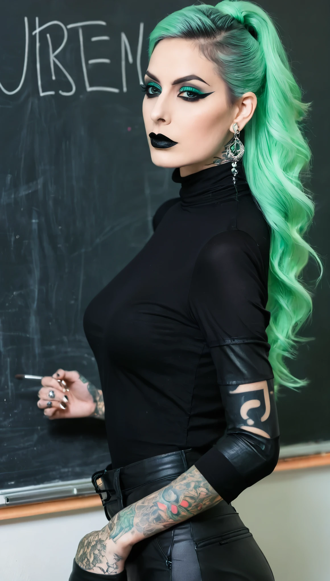 (Christian Woman, teacher, teaches in clasroom, standing near the blackboard:1.3), (extremely thick makeup:1.2), (mint green balayage hair:1.4), (tattoos:1.2), (goth style makeup:1.3), (gigantic silver earrings:1.2), (black tight three-quarter sleeve turtleneck blouse: 1.6), (black leather pants:1.1)
