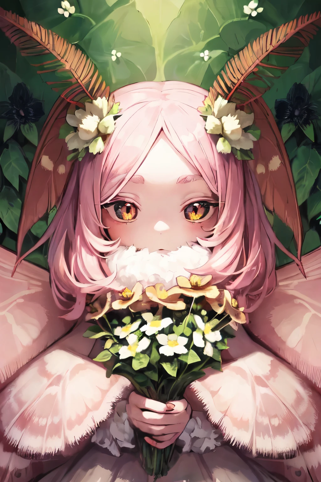 mothgirlcpt, moth antennae, moth wings, solo, 1girl, looking down, frontlighting, Saponaria \(flower\), clover background
