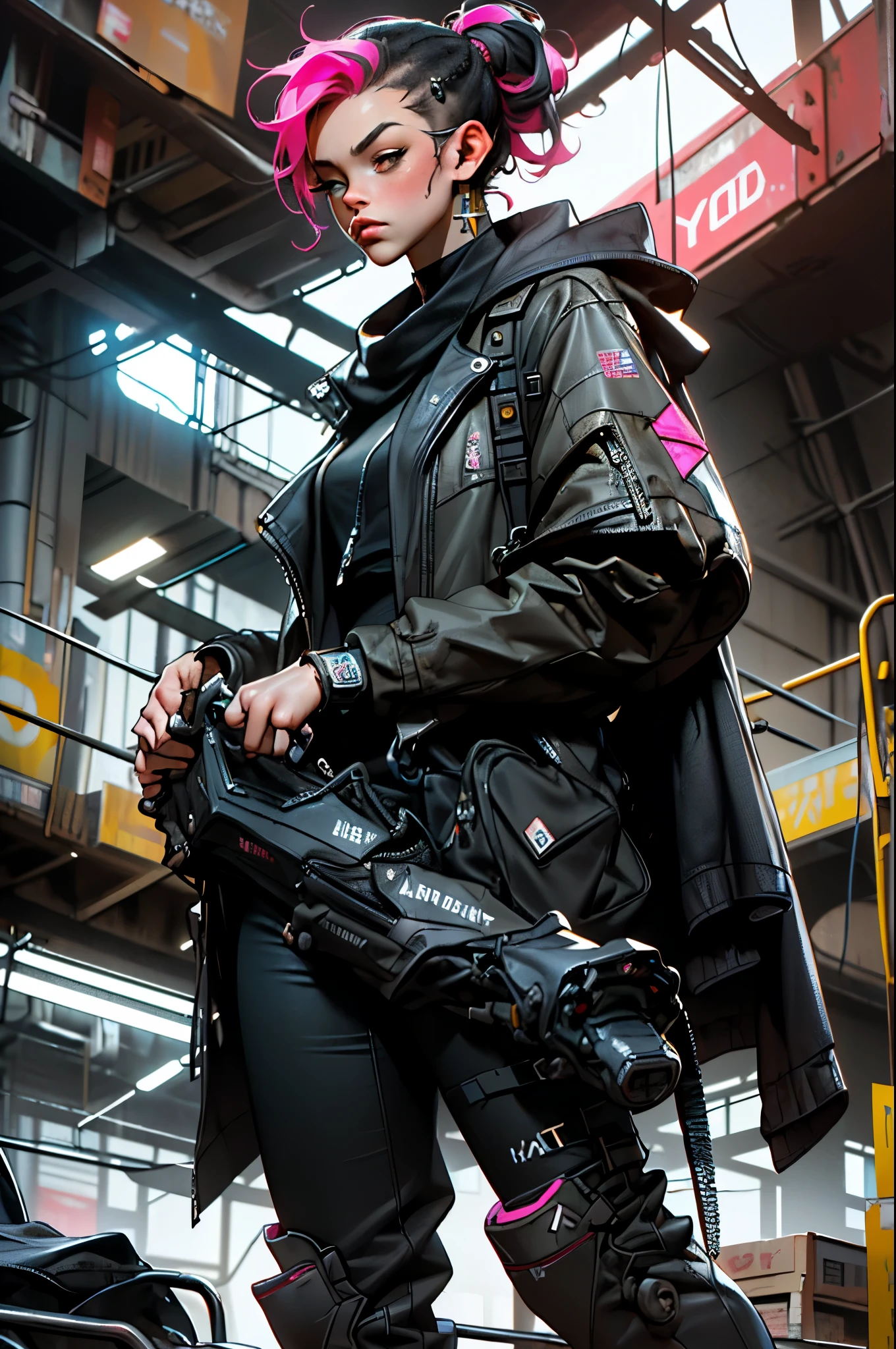 ((best quality)), ((masterpiece)), (very detailed body and face: 1.3), 3D, Beautiful (cyberpunk: 1.3) Beautiful woman with shaved hair on the sides and pink mohawk, VERY DETAILED AND BRIGHT, ((with weapons in their hands) ), (((futuristic Mad Max movie style background))), (((pink and cyan neon lights at night))), night image, at night, 32k