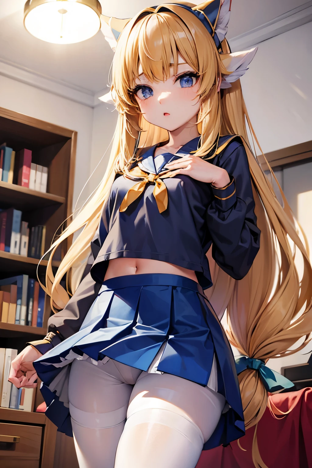 lease, blonde、long hair、cheerleader、pantyhose、Photo from below、medium chest、Bedroom、mini skirt