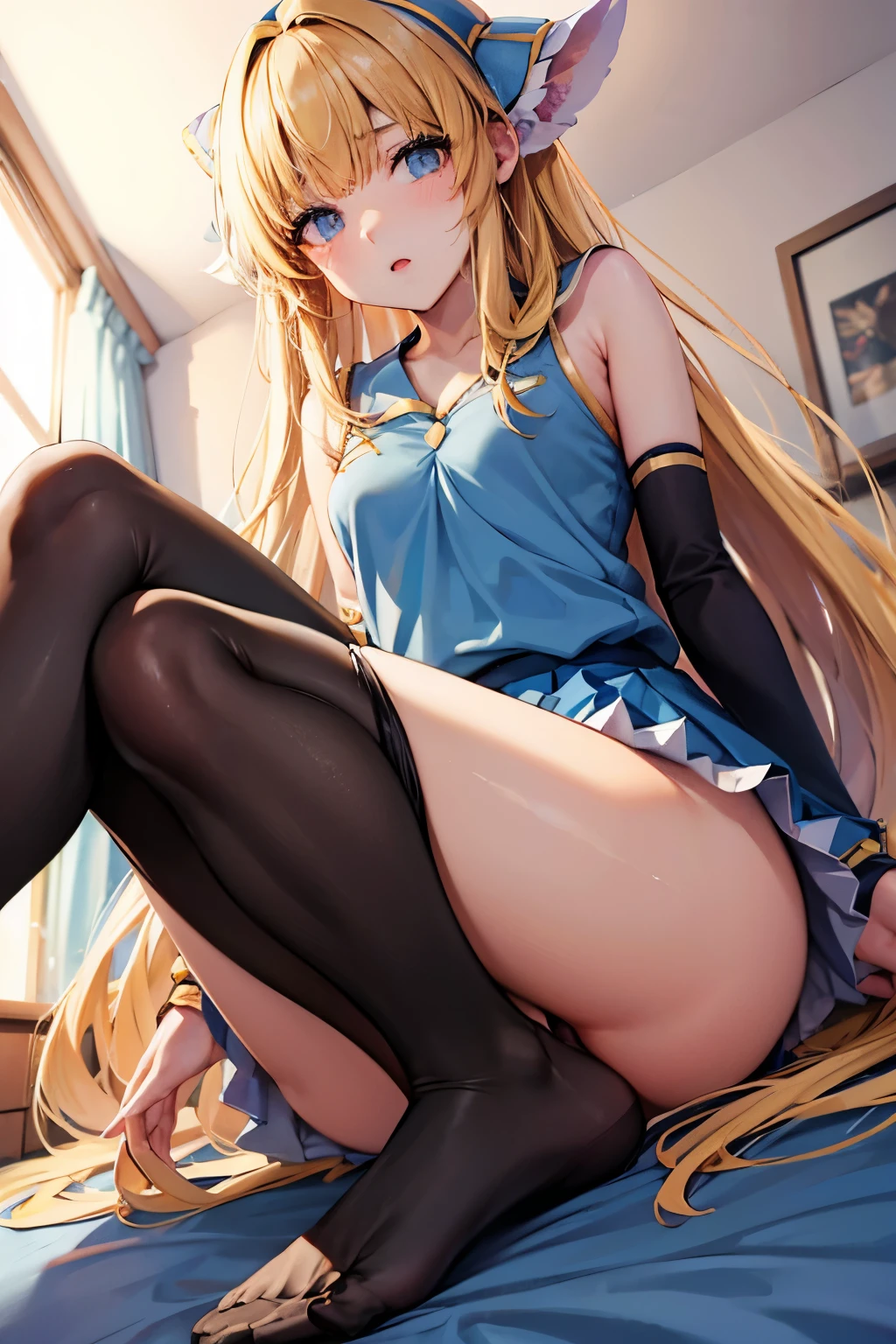lease, blonde、long hair、cheerleader、pantyhose、Photo from below、medium chest、Bedroom、mini skirt