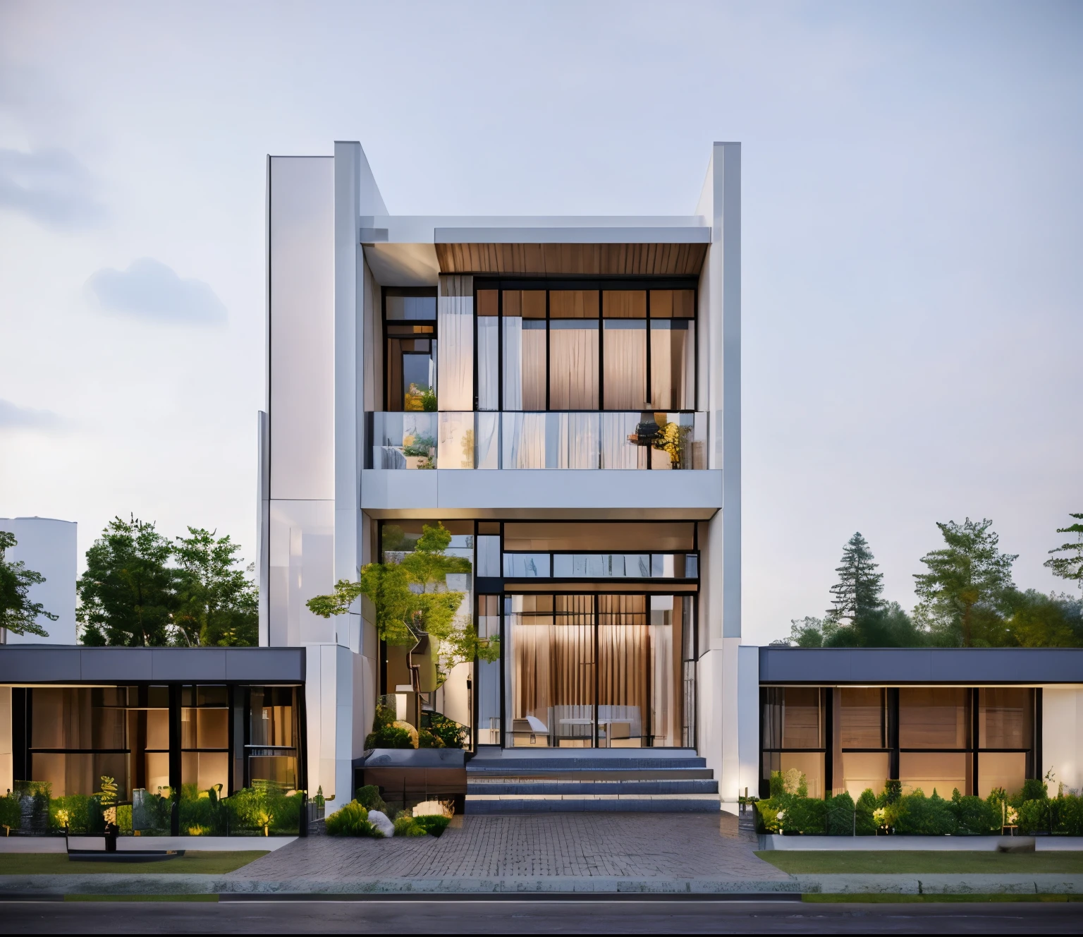 rendering of a modern residential townhouse, professional render, wide angle exterior 2023, highly detailed render, high quality rendering, realistic render, architectural render, high-quality render, detailed rendering, hyper-realistic render, hyper - realistic render, very realistic 3 d render, high render, realistic rendering, very realistic render