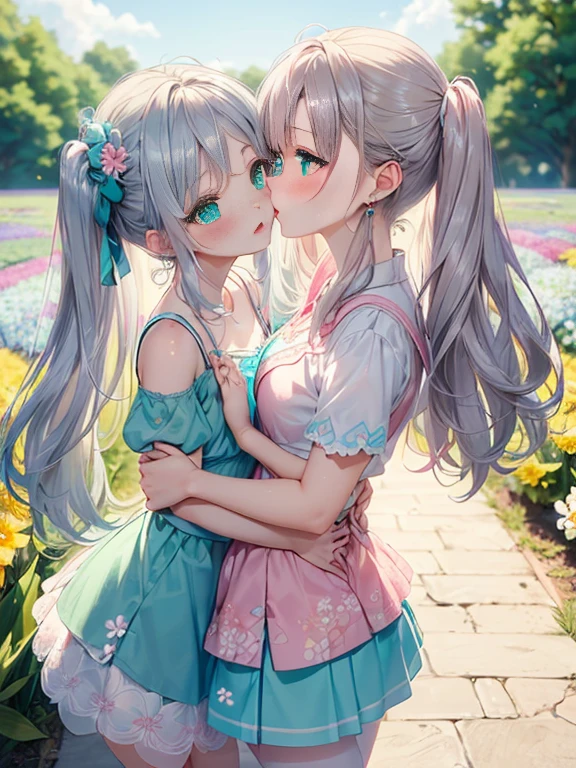 小さなgirl、pantyhose、The arrival of spring、big butt、 (alone:1.5,)Super detailed,bright colors, very beautiful detailed anime face and eyes, look straight, ;d, shiny_skin,girl, ((silver long hair,Inner color is red 、forehead is exposed.、green eyes、、shiny hair, delicate beautiful face, blush、(turquoise eyes), White skin, Valletta, earrings,、blue flower field、(((Floral pink outfit、white mini skirt)))、twin tails、Face when kissing、Face while kissing
