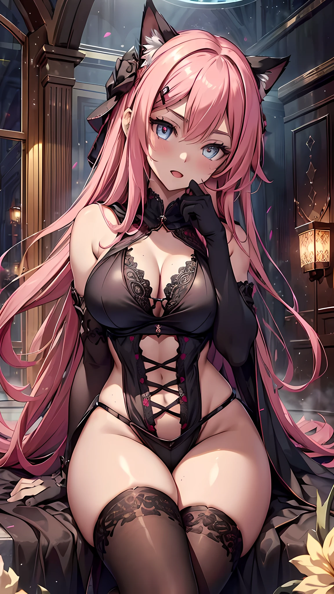 (best quality, highest, 16k, HD),beautiful detailed eyes, sparkling eyes, expressive gaze, vibrant colored irises, intense stare, long daintylashes, piercing look, deepset eyes, prominent brows, wispy eyebrows, iridescent reflection, meticulously detailed eyelids, soulful eyes, dreamy glances, mesmerizing allure, sensuous peepers, breathtakingly captivating eyes, hypnotizingly beautiful eyes, alluring orbs, gorgeously enchanting eyes, luminous big eyes, (finely detailed beautiful eyes and detailed face, masterpiece, full body shot, side lighting, masterpiece, best quality, detailed, high resolution illustration, 8K ), (1girl, solo, alone) alluring face and chest, big chest, sexy (1girl,whole body, lustrous skin, looking up, looking at viewer), (multi-colored hair, dumpling hair, cat-girl, red crop top, black panties, black sexy bra , open top hoodi ,slave clothes,3 swords,  open mouth, tongue-out, wearing lace black pantyhose), (Complete head：1.9)，meticulous portrayal of face,a matural female，Black dress long dress，(black lence stockings+)，High-heeled ribbon sandals，(Black stocking feet)，Pink White Long Hair，Prom background， Perfect body， s the perfect face， perfect hand， Perfect Finger， Perfect lips， perfect eyes， Perfect background, sport shoes