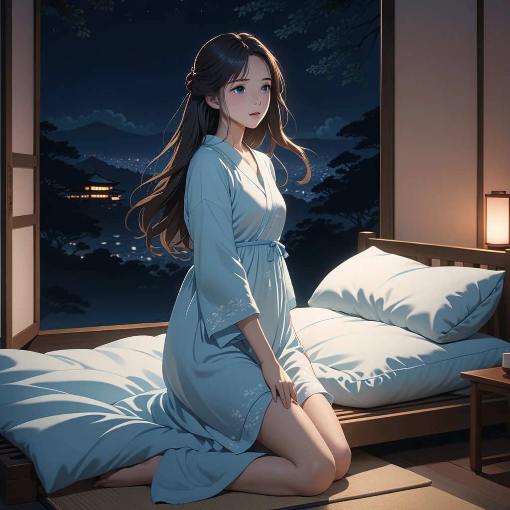 masterpiece, High resolution, illustration, kyoto animation style, cinematic style, night, midnight, Light, (1 female: 1.3), (alone: 1.4), long eyelashes, long hair, hair blowing, nose blushing, futon, seductive, nightdress, Hide with hands, full body view.