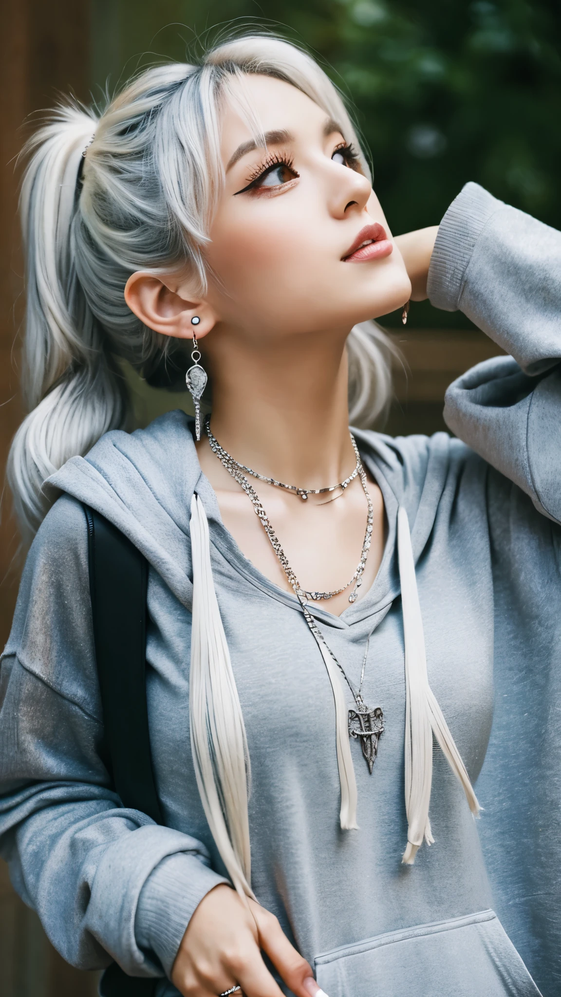 , Huge, twin tails, silver hair, hoodie, vintage gothic, Pause, cute, look up, high quality, necklace, ring, bracelet, earrings
