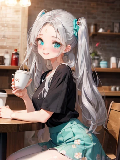 小さなgirl、black pantyhose、big butt、thick thighs、 (alone:1.5,)Super detailed,bright colors, very beautiful detailed anime face and eyes, look straight, shiny_skin,girl, ((gradation hair、long hair、Change from silver to red,))、forehead is exposed.、shiny hair, delicate beautiful face, blush、(turquoise eyes), White skin, Valletta, earrings,、Drinking coffee at a coffee shop、sitting、(((Floral、tight、black clothes、short sleeve、tight、white mini skirt)))、twin tails、smile、happy face、face dyed red