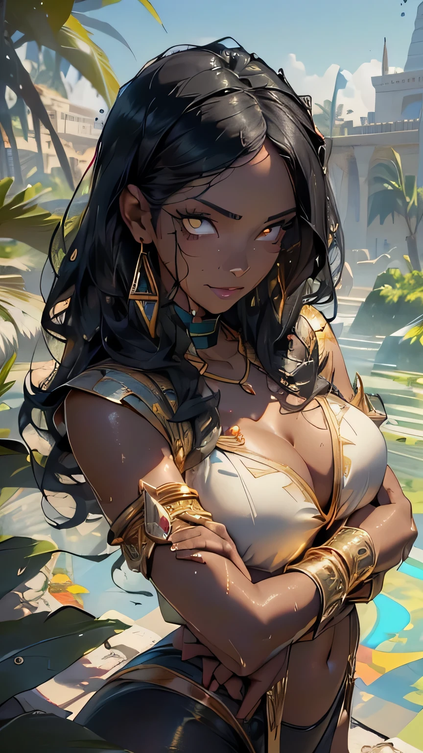 Tribal girls,1 girl,
(big breasts:1.4),((((long twin braids,tight braids,long braids,braided hair,long princess cut,black hair,black hair,colored inner hair)))),(((purple_eye:1.3))),Complex eye,beautiful detailed eye,symmetrical eye,((((Glossy skin:1.5,sunburned skin,bright skin: 1.5,tanned skin,shiny skin,very shiny skin,shiny body,reflective skin)))),(spider's underbelly,tight waist,wide hips,athlete body,bulging legs,thick thighs,delicate and fine fingers,(detailed face)),beautiful detailed lips,
cute,Slutty,sensual,fascinating look,fascinating,((erotic)),luxurious,luxurious,((NSFW)),
coral bracelet, glittering jewels,Silk lace,(Completely naked:1.5),(Egyptian:1.3,),(((eyehadow,egyptian makeup,eyelid makeup,rainbow stage makeup))),(show your skin),Completely naked
(shy pose:1.3),looking at the viewer,embarrassing,shy,Centered,Scale to fit,Rule of thirds,
outdoor, Ocean, (Ocean in the background), scenery, extremely scenery, (puddles everywhere, moss, moss on the bottom), cloud, water lily, Palm tree, already, (sunset, golden hour),(Egyptian palace background,pyramids in the background),
(shiny egyptian ornaments),(highest quality,8K,32K,masterpiece),High resolution,(Photorealistic:1.4),ray tracing,glare of the sun,Depth of bounds written,Due to backlight effect,Add depth to the screen,(((Bright colors,vibrant theme))),(Complex),(high contrast,photorealistic artwork:1.37),(highest quality,4K,High resolution,masterpiece:1.2),super detailed,(realistic,photorealistic,photo-realistic:1.37),Professional,