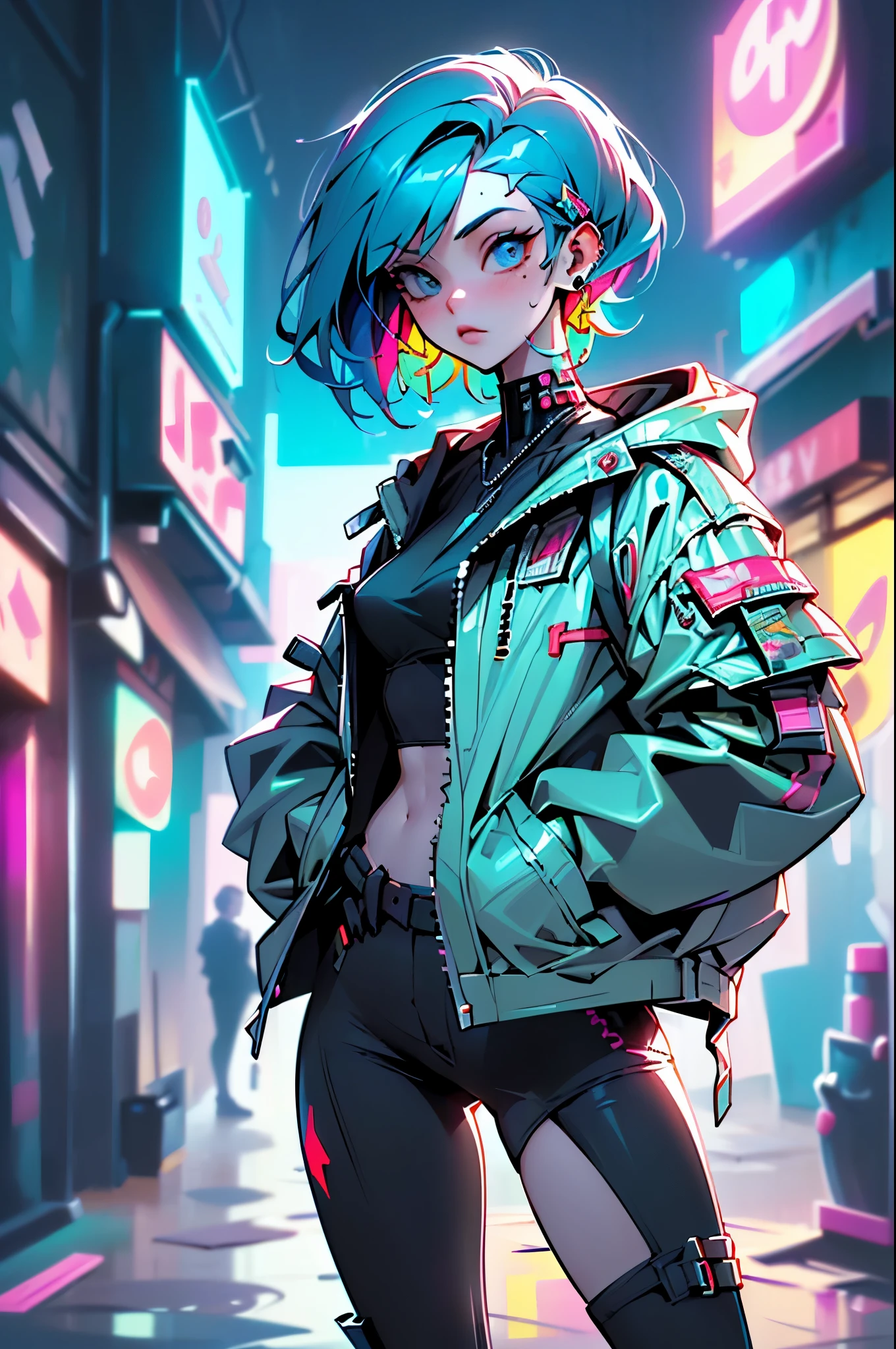 ((best quality)), ((masterpiece)), (very detailed body and face:1.3), 3D, Beautiful (cyberpunk:1.3) Beautiful young man with hair shaved on the sides and a petrol blue mohawk, VERY DETAILED AND BRIGHT, ((with weapons in his hands) ), (((futuristic Mad Max movie style background))), (((pink and cyan neon lights at night))), night image, at night, 32k