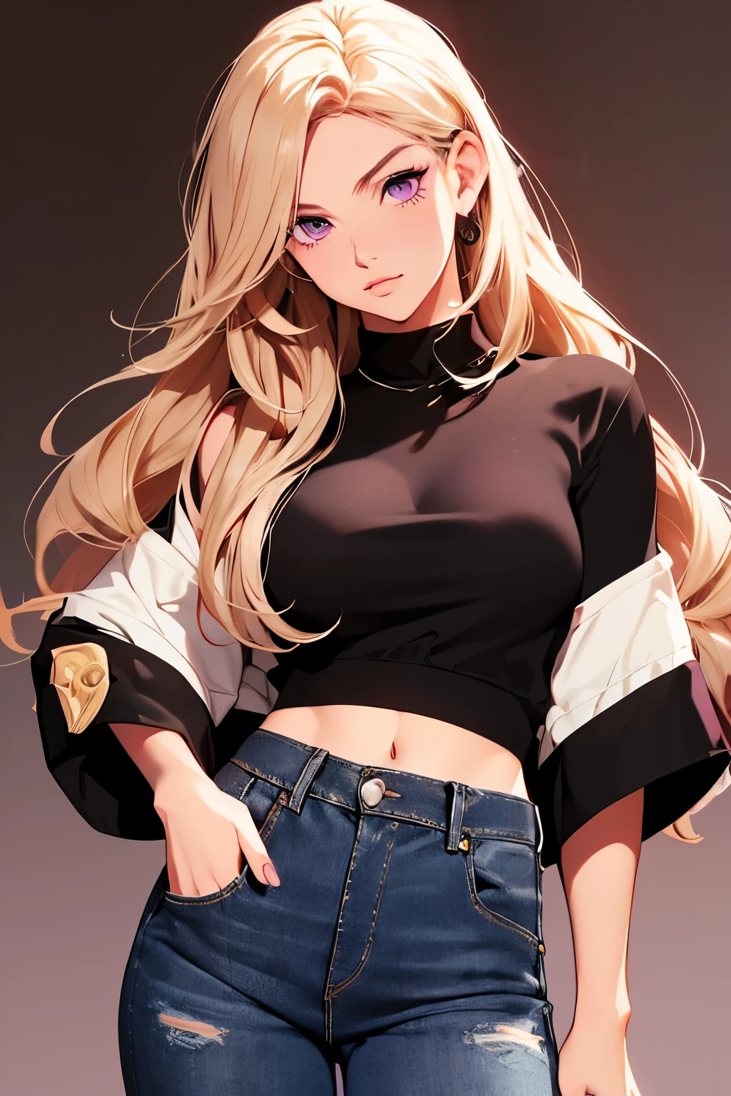 2d illustration, anime, a painting portrait in fine arts, in manhwa style, {{Bishamon from noragami}}, 30 years old,, woman,1girl, blond, long hair, purple eyes, makeup, beautiful, high definition, masterpiece, best quality, high detail, high detailed eyes, grain filter, Detailed lips, high resolution, ultra-detalhado, retrato, mulher caucasiana, realista proportions, Anatomicamente preciso, bochechas rosadas; alta qualidade, premiado, high resolution, 8k, ((altamente detalhado:1.3), com volumosos cabelos ondulados, With peach blonde bangs and purple eyes and voluminous lips, {{black cropped}, ((short jeans)), illustration Anime style, earning, high heels