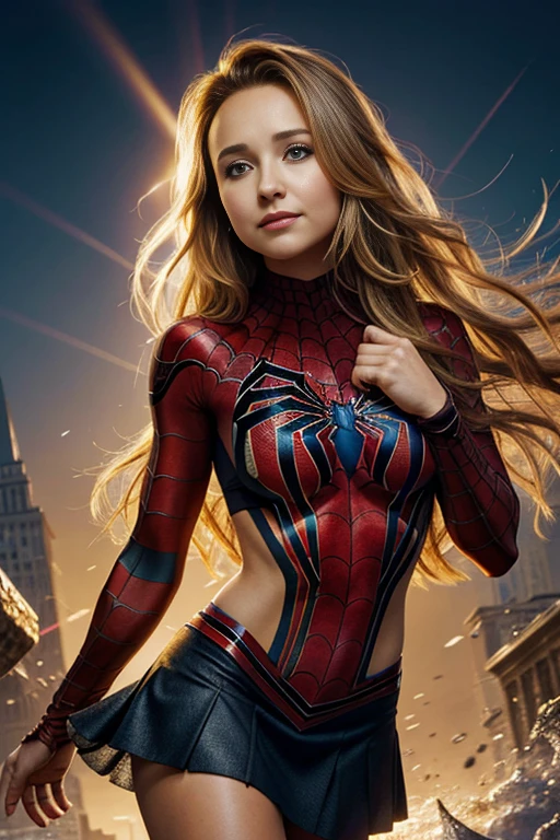 Hayden Panettiere, showing her belly button, In New York, wearing a torn spiderman suit, wear a skirt, abstract photorealistic, Artistic, Alphonse Mucha'Masterpieces of painting, highest quality, High resolution:1.4), be familiar with, intricate details, 4k, splash of color, line drawing, fibonacci, High resolution, Bright colors, with fantasy background, Female features'Flowing hair and dramatic light rays.."