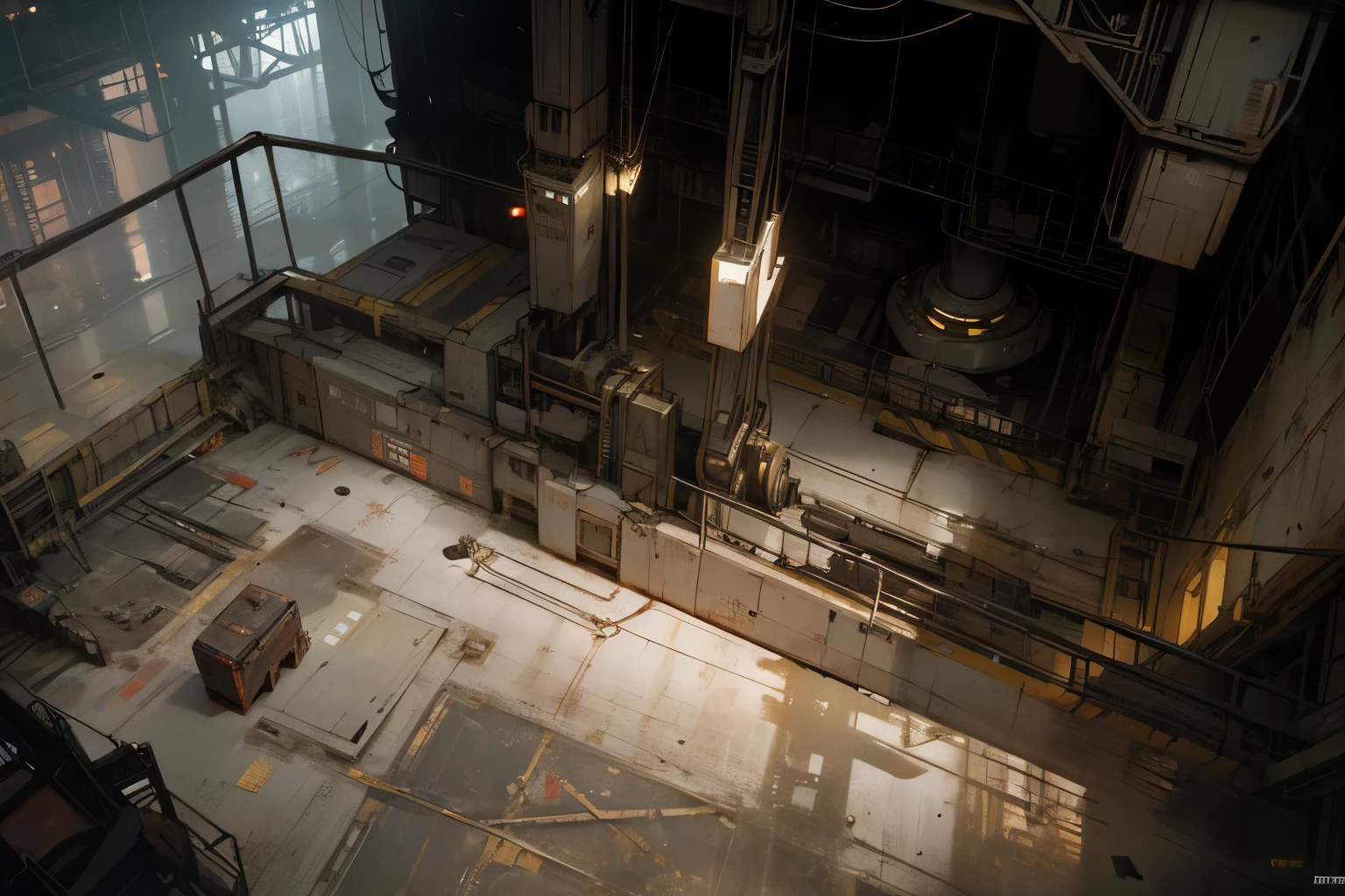 (Best quality, 8k, 32k, Masterpiece, UHD:1.2) Begin by envisioning a sprawling industrial facility, reminiscent of the factories and warehouses that defined the urban landscape of the 1980s. The hangar should be cavernous and dimly lit, with towering stacks of crates and machinery stretching into the shadows.
Populate the scene with a diverse array of robots, ranging from massive industrial mechs to sleek humanoid drones. Each robot should exhibit a distinct design aesthetic, blending retro-futuristic elements like exposed gears and glowing neon accents with advanced technological features.
Use dynamic lighting to create dramatic contrasts between light and shadow, casting long shadows across the metallic surfaces of the hangar floor and highlighting the intricate details of the robotic forms. Experiment with colored lighting effects to add depth and atmosphere to the scene, with neon hues reflecting off polished metal surfaces and casting eerie glows in the darkness.
Incorporate elements of retro-futuristic design into the hangar environment, such as vintage computer terminals, analog control panels, and flickering fluorescent lights. Pay attention to small details like rusted metal grates, dripping pipes, and tangled wires to enhance the sense of decay and dilapidation.
Infuse the scene with a sense of narrative tension and mystery, hinting at the larger world beyond the confines of the hangar. Perhaps the robots are being assembled for a sinister purpose, or maybe they harbor secrets of their own. Invite viewers to speculate about the story behind the scene, encouraging them to imagine the possibilities lurking within this dystopian vision of the future."