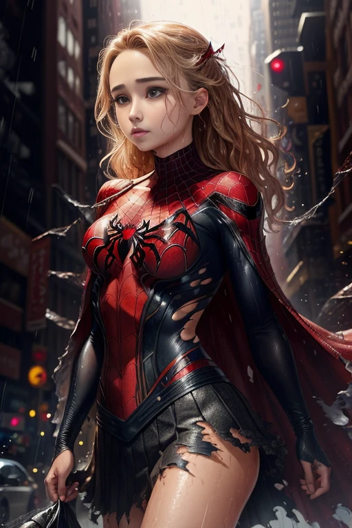 Hayden Panettiere、マーベル・コミック映画のposter, very beautiful, movies about spiderman, sexy, whole body, I'm wearing a skirt、premiere date, poster、belly buttonを突き出す、new york、she&#39;s wearing a torn spiderman suit,the suit is torn、wearing a skirt、 red and black color scheme,dynamic、masterpiece、highest quality、super detailed、very detailed、Detailed beautiful shine、超A high resolution、cinematic,tear,teardrop,(torn clothes:1.5), (wet clothes:1.4), bare shoulders,real rain,wet hair,belly button、exposing skin、sexyな肩を見せてる