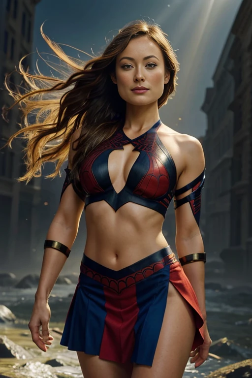 olivia wilde, showing her belly button, In New York, wearing a torn spiderman suit, wear a skirt, abstract photorealistic, Artistic, Alphonse Mucha&#39;Masterpieces of painting, highest quality, High resolution:1.4), be familiar with, intricate details, 4k, splash of color, line drawing, fibonacci, High resolution, Bright colors, with fantasy background, Female features&#39;Flowing hair and dramatic light rays.."