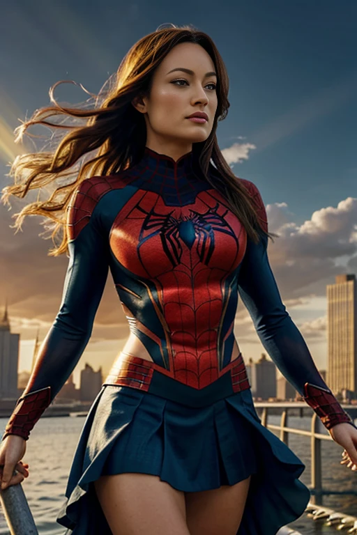 olivia wilde, showing her belly button, In New York, wearing a torn spiderman suit, wear a skirt, abstract photorealistic, Artistic, Alphonse Mucha&#39;Masterpieces of painting, highest quality, High resolution:1.4), be familiar with, intricate details, 4k, splash of color, line drawing, fibonacci, High resolution, Bright colors, with fantasy background, Female features&#39;Flowing hair and dramatic light rays.."