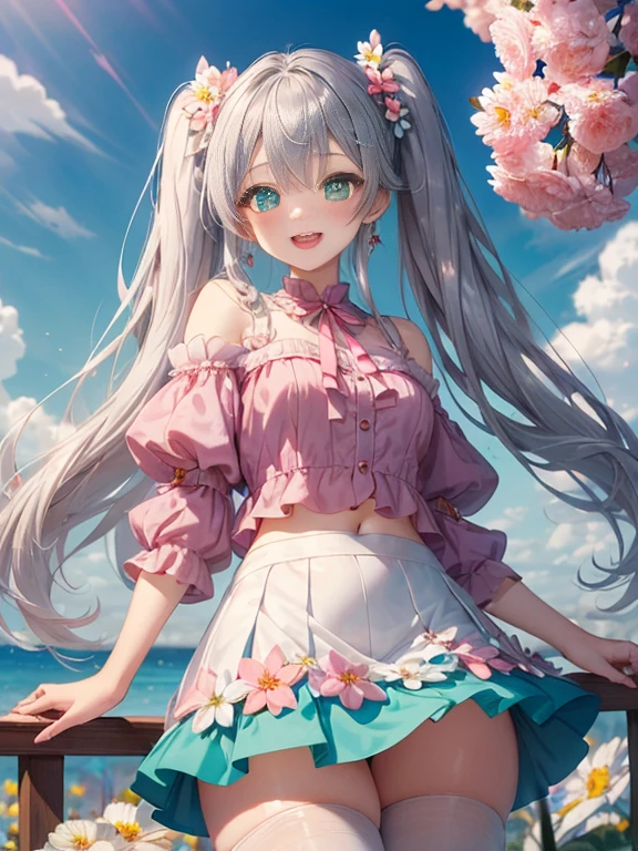 小さなgirl、The arrival of spring、pantyhose、thick thighs、thick thighs、thick thighs、 (alone:1.5,)Super detailed,bright colors, very beautiful detailed anime face and eyes, look straight, ;d, shiny_skin,girl, ((silver long hair,Inner color is red 、forehead is exposed.、green eyes、、shiny hair, delicate beautiful face, blush、(turquoise eyes), White skin, Valletta, earrings,、blue flower field、(((Floral pink outfit、white mini skirt)))、twin tails、smile、happy face、face dyed red