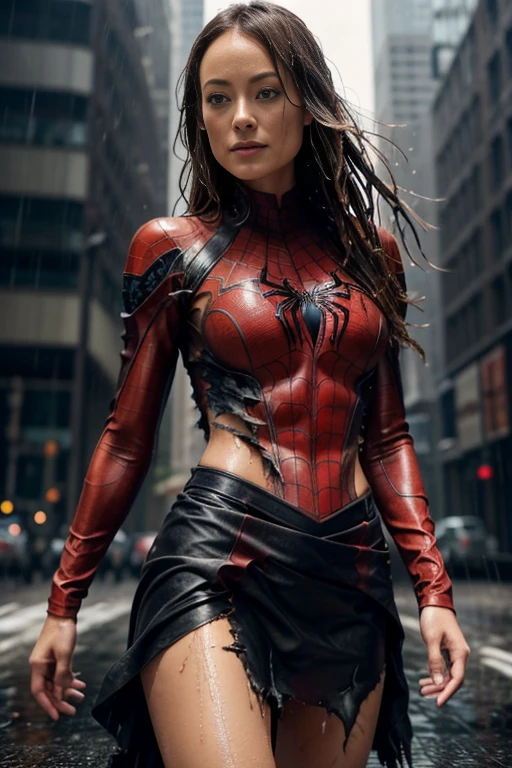 olivia wilde、マーベル・コミック映画のposter, very beautiful, movies about spiderman, sexy, whole body, I'm wearing a skirt、premiere date, poster、belly buttonを突き出す、new york、she's wearing a torn spiderman suit,the suit is torn、wearing a skirt、 red and black color scheme,dynamic、masterpiece、highest quality、super detailed、very detailed、Detailed beautiful shine、超A high resolution、cinematic,tear,teardrop,(torn clothes:1.5), (wet clothes:1.4), bare shoulders,real rain,wet hair,belly button、exposing skin、sexyな肩を見せてる