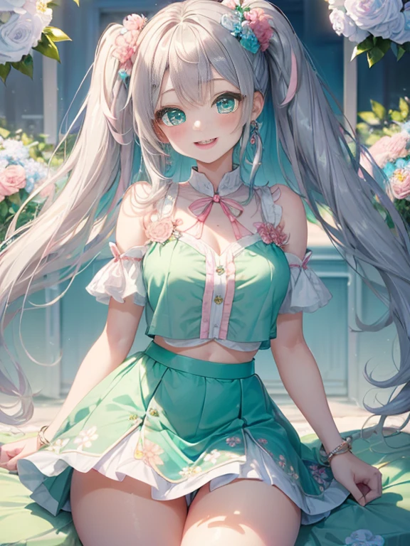 小さなgirl、The arrival of spring、thick thighs、thick thighs、 big ass、(alone:1.5,)Super detailed,bright colors, very beautiful detailed anime face and eyes, look straight, ;d, shiny_skin,girl, ((silver long hair,Inner color is red 、forehead is exposed.、green eyes、、shiny hair, delicate beautiful face, blush、(turquoise eyes), White skin, Valletta, earrings,、blue flower field、(((Floral pink outfit、white mini skirt)))、twin tails、smile、happy face、face dyed red