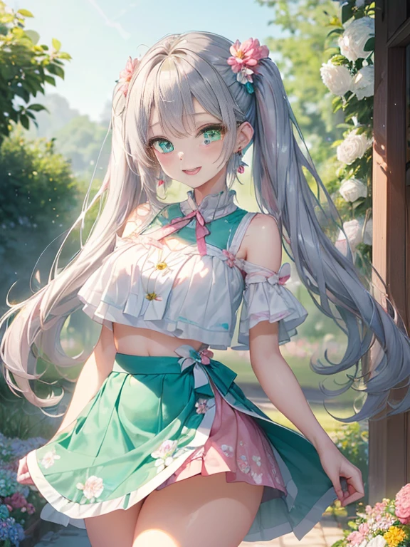 小さなgirl、The arrival of spring、thick thighs、thick thighs、 big ass、(alone:1.5,)Super detailed,bright colors, very beautiful detailed anime face and eyes, look straight, ;d, shiny_skin,girl, ((silver long hair,Inner color is red 、forehead is exposed.、green eyes、、shiny hair, delicate beautiful face, blush、(turquoise eyes), White skin, Valletta, earrings,、blue flower field、(((Floral pink outfit、white mini skirt)))、twin tails、smile、happy face、face dyed red