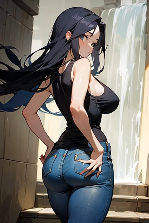 ((best quality)), ((masterpiece)), (detailed), perfect face long raven hair cascading down her back like a waterfall. Dressed in a pair of form-fitting jeans and a tight black tank top that accentuates her curves, she carries herself with an air of confidence, wlking down the stairs, hand on the hip, stylish pose