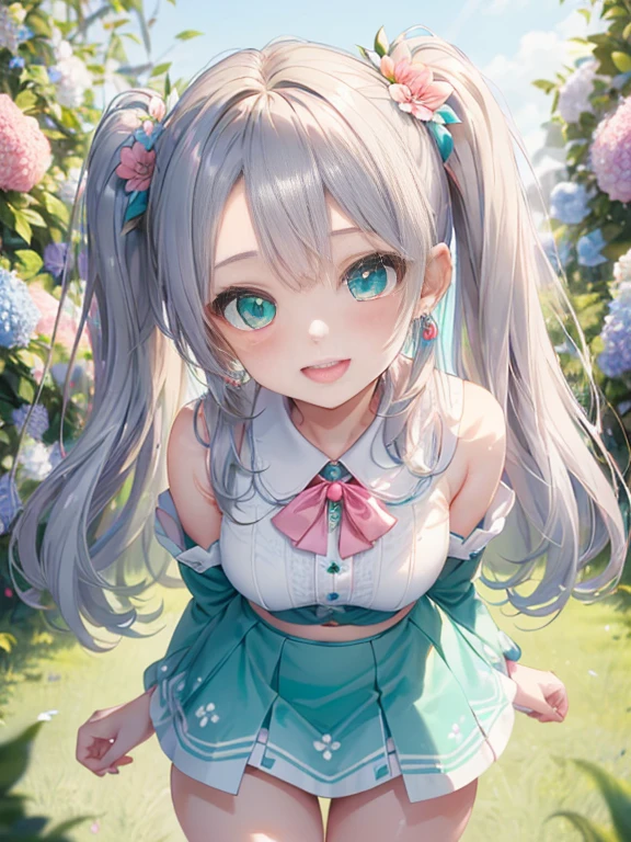小さなgirl、The arrival of spring、pantyhose、thick thighs、thick thighs、thick thighs、 (alone:1.5,)Super detailed,bright colors, very beautiful detailed anime face and eyes, ,show your butt, shiny_skin,girl, ((silver long hair,Inner color is red 、forehead is exposed.、green eyes、、shiny hair, delicate beautiful face, blush、(turquoise eyes), White skin, Valletta, earrings,、blue flower field、(((Floral pink outfit、white mini skirt)))、twin tails、smile、happy face、face dyed red、crawl on all fours