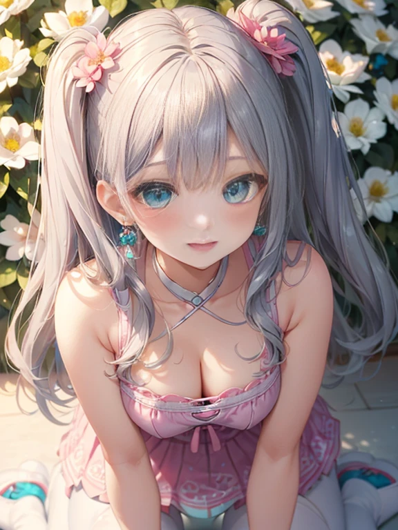 小さなgirl、The arrival of spring、pantyhose、thick thighs、thick thighs、thick thighs、 (alone:1.5,)Super detailed,bright colors, very beautiful detailed anime face and eyes, look straight, ;d, shiny_skin,girl, ((silver long hair,Inner color is red 、forehead is exposed.、green eyes、、shiny hair, delicate beautiful face, blush、(turquoise eyes), White skin, Valletta, earrings,、blue flower field、(((Floral pink outfit、white mini skirt)))、twin tails、smile、happy face、face dyed red、crawl on all fours