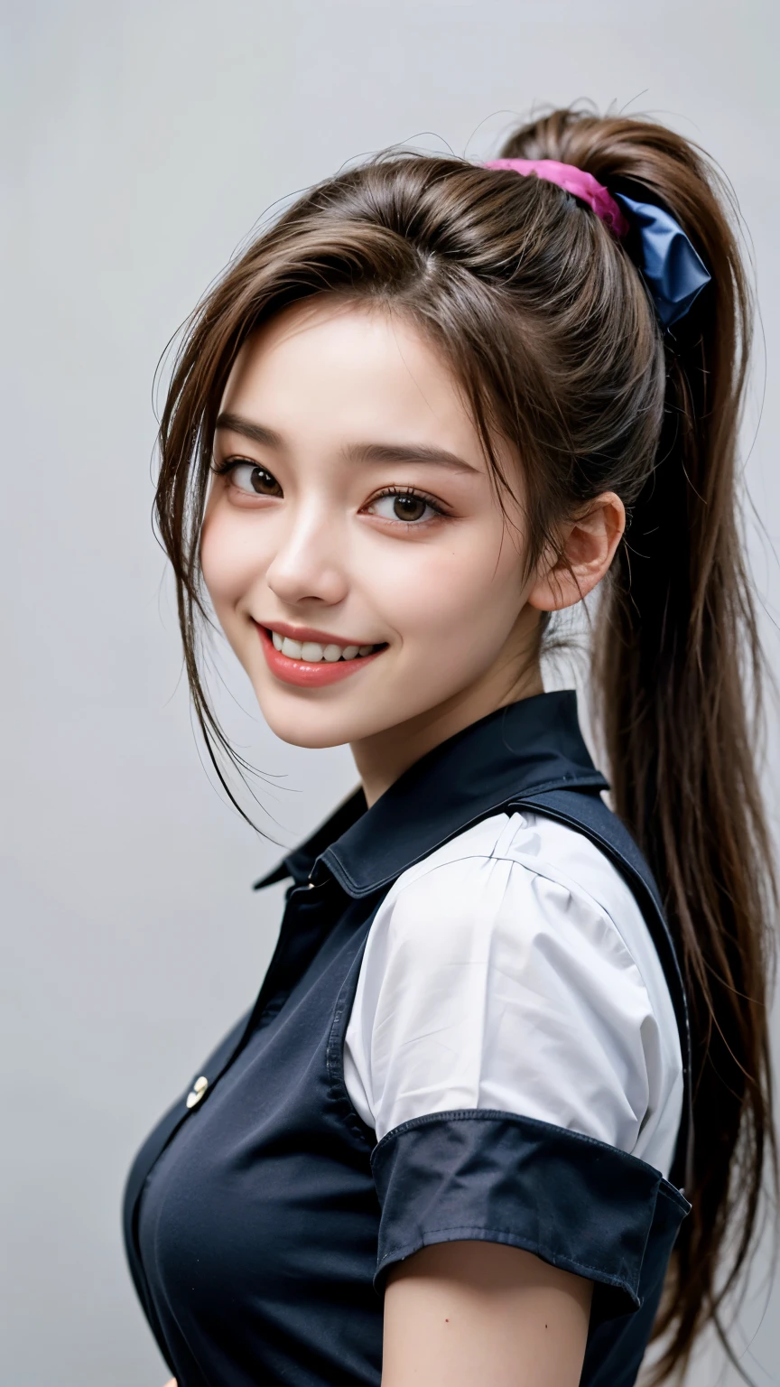 highest quality, masterpiece, ultra high resolution, (realistic:1.4), (front portrait) Raw photo, 1 girl, 20-year-old,((Flared miniskirt uniform)),((ponytail and hair tie)),realistic,((Simple solid color background)), Pi,((toothy smile)),