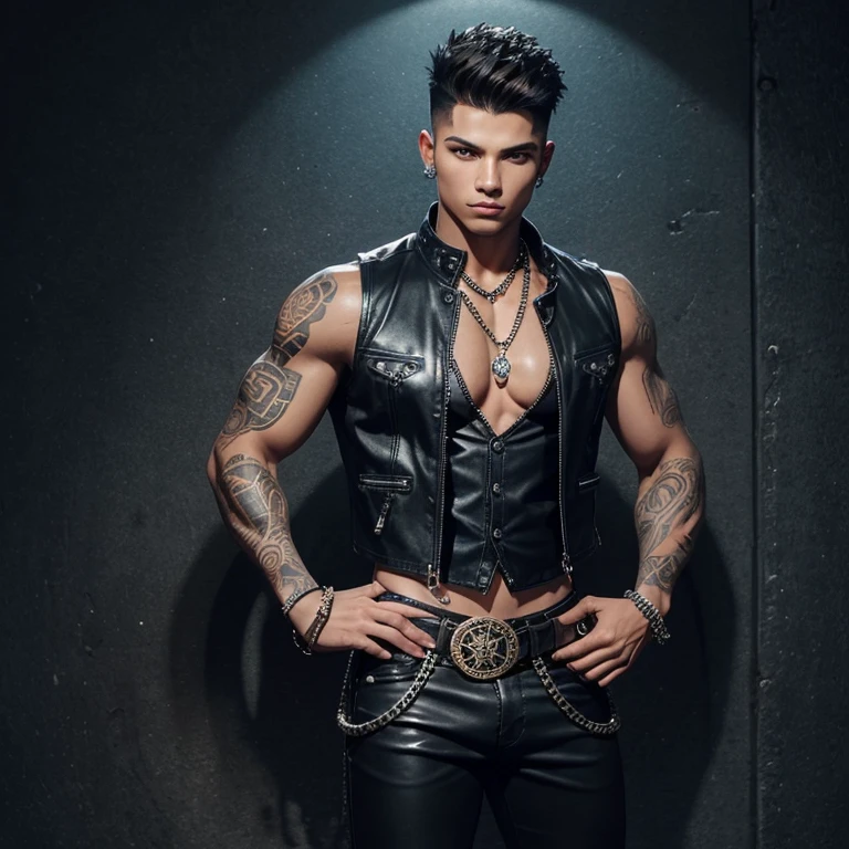 Very DIRTY, Black hair, showing off his hairy armpits, Big bulge, very hairy armpits, hairy pubic, hairy crotch, Cute handsome face, In the dirty alley, Zephyr stands bound, WEARING Tiny thong, his wrists encased in supple leather cuffs that accentuate the lines of his forearms. A bondage chest harness adorns his upper body, its intricate design revealing the play of shadows on the exposed skin of his chest. The ambient lighting casts a warm glow, creating an interplay of light and darkness. Zephyr's legs, enveloped in calf-to-thigh leather restraints, add a visual symmetry to the scene. The leather straps, secured with meticulous precision, enhance the aesthetic appeal of his bound form. The absence of a body panel in the chest harness exposes his torso, highlighting the vulnerability and sensuality of the moment. As Zephyr's hair falls slightly disheveled around his face, the room captures the scents of leather and anticipation. The alley becomes a canvas for the visual impact of restraint, each element contributing to the immersive experience. The intricate details of the bindings and the interplay of light create a visually compelling scene, ripe for exploration by an AI image generator. Both Arms behind back, handcuffed. Nipple clamps.