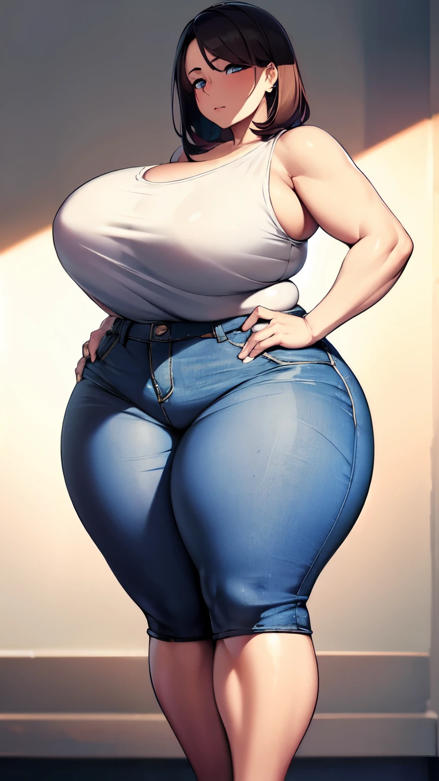 huge breasts, big hips, Tank top, denim shorts, full body shot, Mature mother, Whip lower body, plump thighs, calf, bewitching mature woman, perfect body, plus size model,