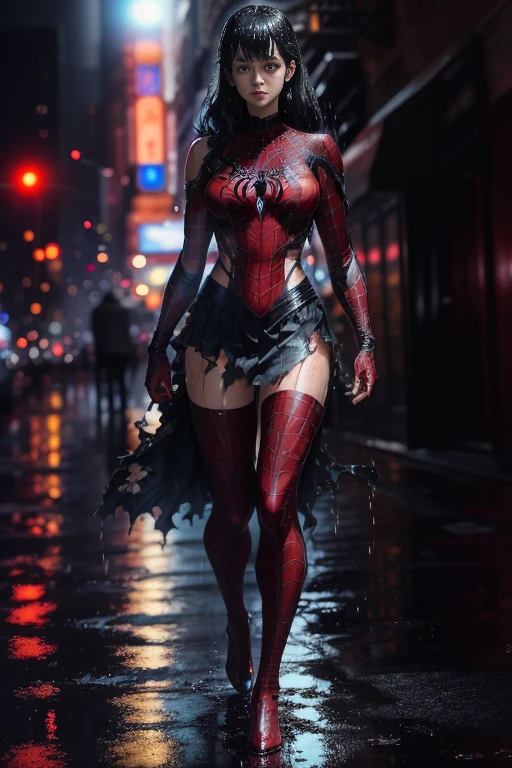 Krysten Ritter、マーベル・コミック映画のposter, very beautiful, movies about spiderman, sexy, whole body, I'm wearing a skirt、premiere date, poster、belly buttonを突き出す、new york、she's wearing a torn spiderman suit,the suit is torn、wearing a skirt、 red and black color scheme,dynamic、masterpiece、highest quality、super detailed、very detailed、Detailed beautiful shine、超A high resolution、cinematic,tear,teardrop,(torn clothes:1.5), (wet clothes:1.4), bare shoulders,real rain,wet hair,belly button、exposing skin、sexyな肩を見せてる
