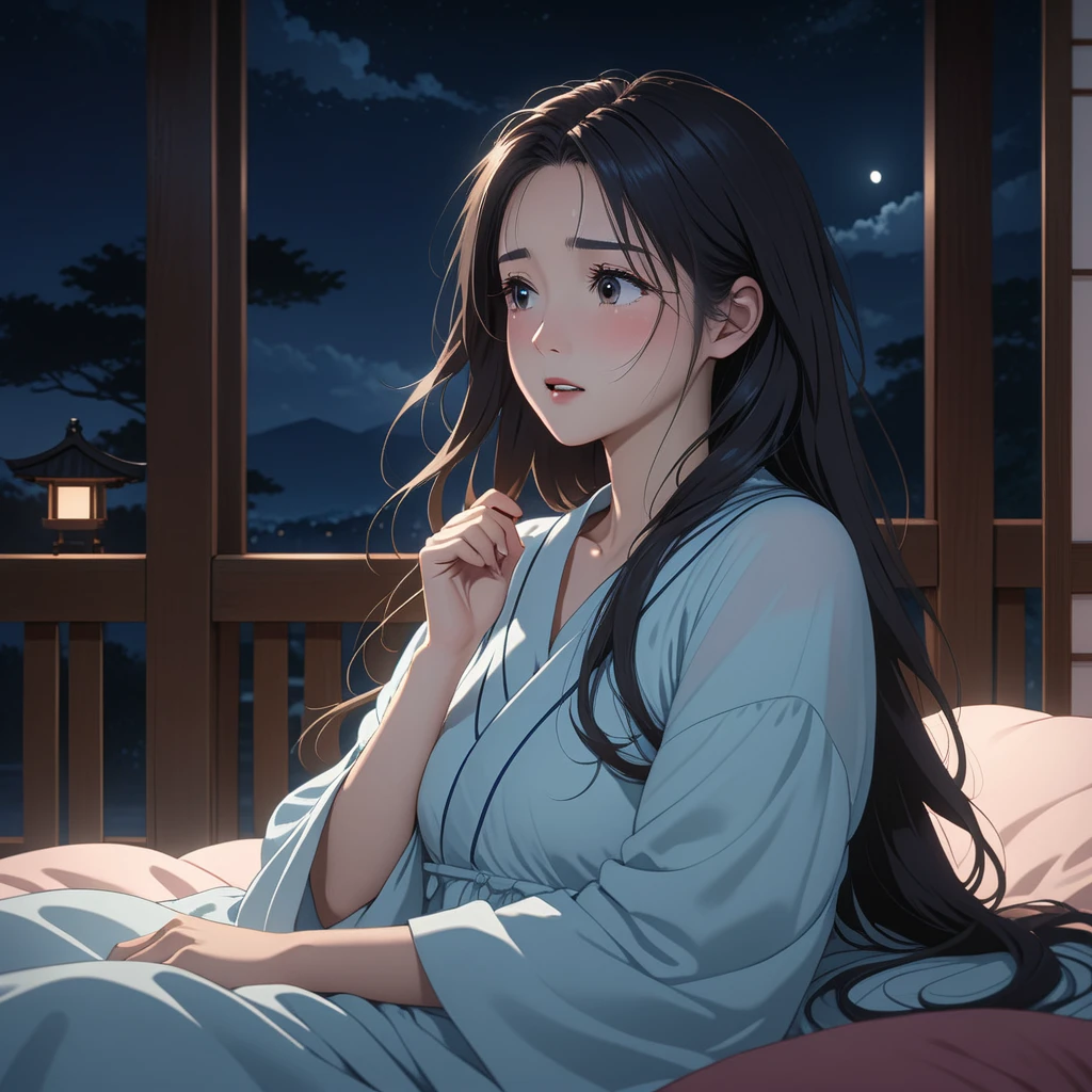 masterpiece, High resolution, illustration, kyoto animation style, cinematic style, night, midnight, Light, (1 female: 1.3), (alone: 1.4), long eyelashes, long hair, hair blowing, nose blushing, futon, seductive, embarrassed, nightdress, face close-up, hide with hands, full body view.