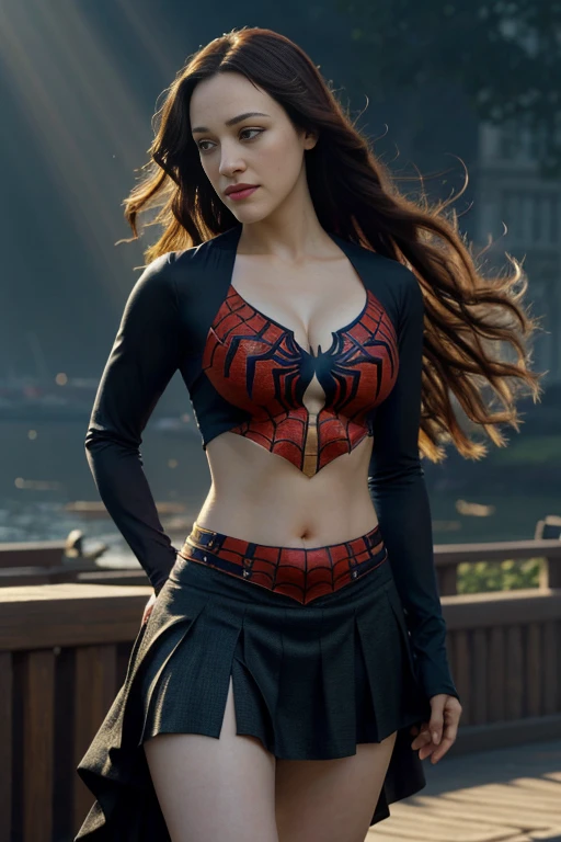 kat dennings, showing her belly button, In New York, wearing a torn spiderman suit, wear a skirt, abstract photorealistic, Artistic, Alphonse Mucha&#39;Masterpieces of painting, highest quality, High resolution:1.4), be familiar with, intricate details, 4k, splash of color, line drawing, fibonacci, High resolution, Bright colors, with fantasy background, Female features&#39;Flowing hair and dramatic light rays.."