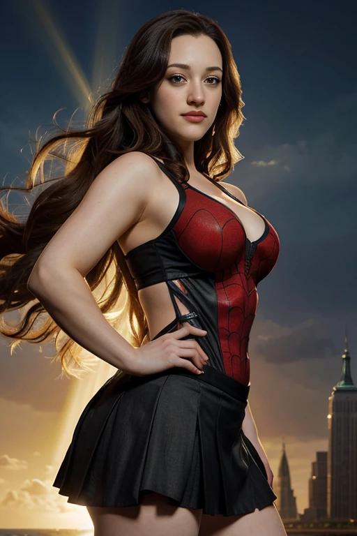 kat dennings, showing her belly button, In New York, wearing a torn spiderman suit, wear a skirt, abstract photorealistic, Artistic, Alphonse Mucha&#39;Masterpieces of painting, highest quality, High resolution:1.4), be familiar with, intricate details, 4k, splash of color, line drawing, fibonacci, High resolution, Bright colors, with fantasy background, Female features&#39;Flowing hair and dramatic light rays.."
