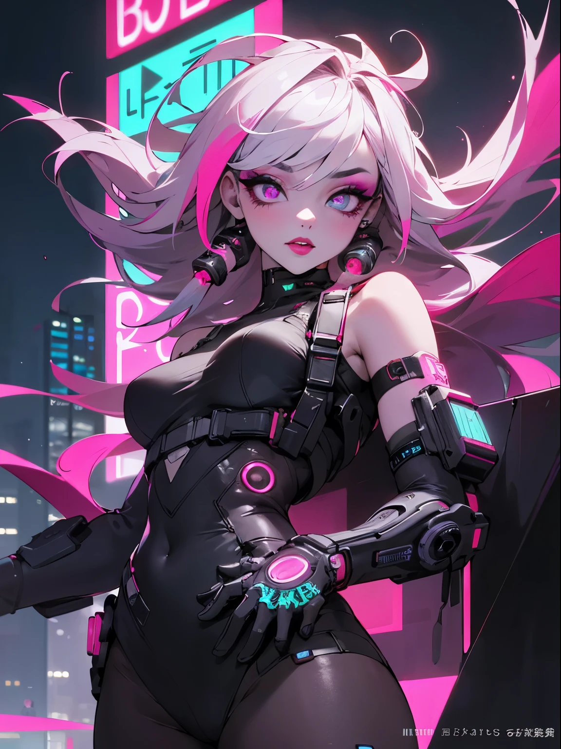 masterpiece, best quality, Confident cyberpunk girl, cowboy shot, Harajuku-inspired pop outfit, bold colors and patterns, eye-catching accessories, trendy and innovative hairstyle, vibrant makeup, Cyberpunk dazzling cityscape, skyscrapers, neon signs, LED lights, bright and vivid color scheme, insane details, beautiful detailed face, intricate details, ultra detailed.