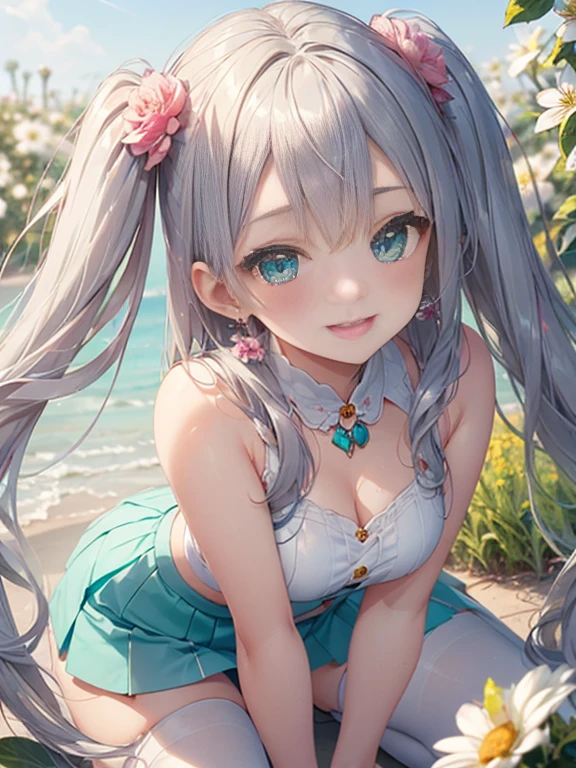 小さなgirl、The arrival of spring、Photograph from the side、backwards、pantyhose、thick thighs、thick thighs、thick thighs、 (alone:1.5,)Super detailed,bright colors, very beautiful detailed anime face and eyes, look straight, ;d, shiny_skin,girl, ((silver long hair,Inner color is red 、forehead is exposed.、green eyes、、shiny hair, delicate beautiful face, blush、(turquoise eyes), White skin, Valletta, earrings,、blue flower field、(((Floral pink outfit、white mini skirt)))、twin tails、smile、happy face、face dyed red、crawl on all fours