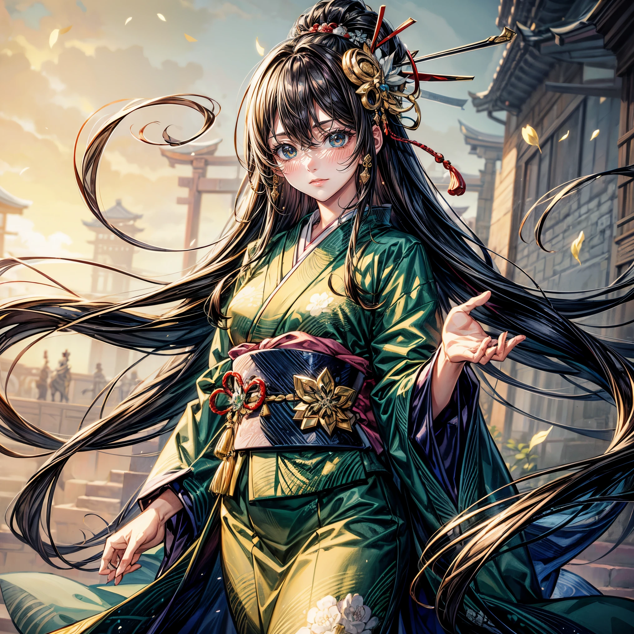 masterpiece,highest quality,Ultra high definition, Ono no Komachi, ancient Japanese court, graceful, elegant, kimono, deep jade green eyes, jet black hair, long flowing straight hair, golden hairpin, calm and pensive expression