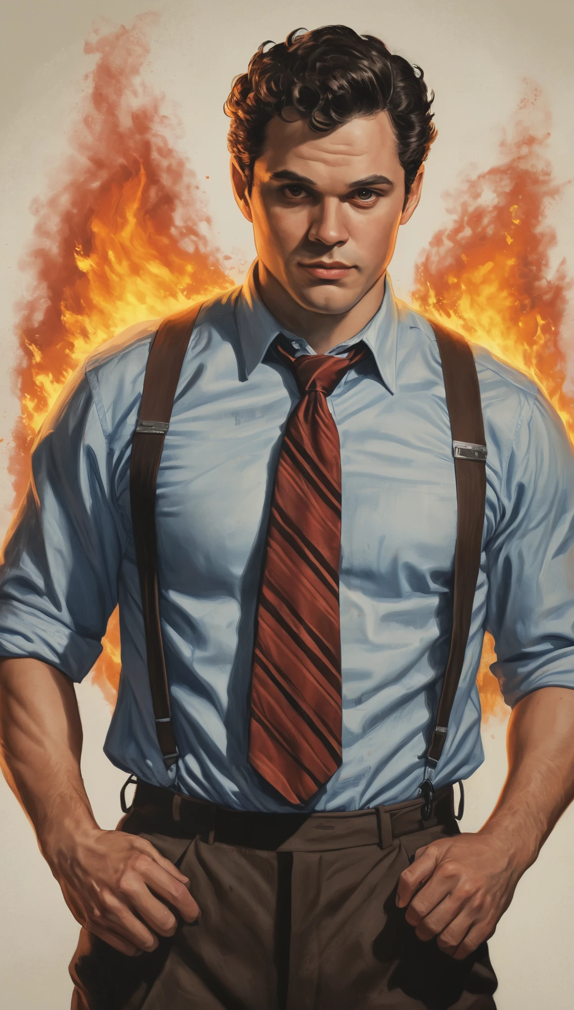 An illustrated movie poster, hand-drawn, full color, a male demon, 28 years-old, wearing a Winchester shirt with a necktie and suspenders, reddish skin, stocky physique, soft belly, slightly chubby, deep brown eyes, wide bulbous nose, full lips, devil horns, black hair, curly hair, thick bushy eyebrows, extremely hairy chest, stomach, and arms, lots of body hair, surrounded by fire, hard shadows, graphite shading, stencil markings, airbrushed acrylic paint, masterpiece