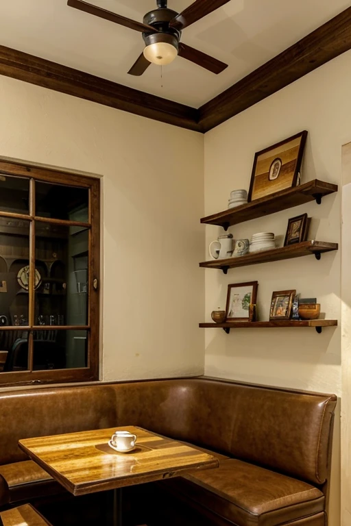 a classic coffee shop, with some tables with comfortable chairs, a corner counter with coffee makers and snacks and a bookcase in the corner of the wall, uma luz natural e um ambiente calmo
