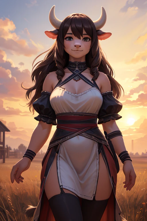(furry) (cow girl) (best quality, 4k, 8k, highres, masterpiece:1.2), ultra-detailed,(realistic, photorealistic, photo-realistic:1.37), best quality, masterpiece, highres (Even in a dress, the backlight makes your body silhouette stand out.), background outdoors, Raw photo, Best Quality, master piece, high resolution, detailed, (Photorealsitic:1.4), Well-defined contours, beautiful young girl, Beautiful perfect face, (gently smiling:1.2), perfect bodies, perfect arms, Perfect fingers, perfect leg, perfect hair, pores, Realistic skin texture, full body Shot, from below view, full body portrait, curvaceous,