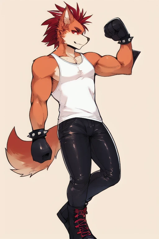Furry, anthropomorphic wolf, orange fur, red hair, mohawk hairstyle, red eyes, 6'7 and 233, 50" Chest, 21" Shoulders, 17" Biceps, 36" Waist, 25" thighs, 17" calves, 20" back, shirtless, wearing black leather sleeveless biker vest, wearing white t-shirt with sleeves ripped off, V-neck t-shirt, wearing black leather pants, wearing black leather boots, wearing black bandana with yellow four pointed star on it, wearing red boxing gloves, pastel colors, soft colors, vivid colors, Kawamura Toshie artstyle, punk biker aesthetic
