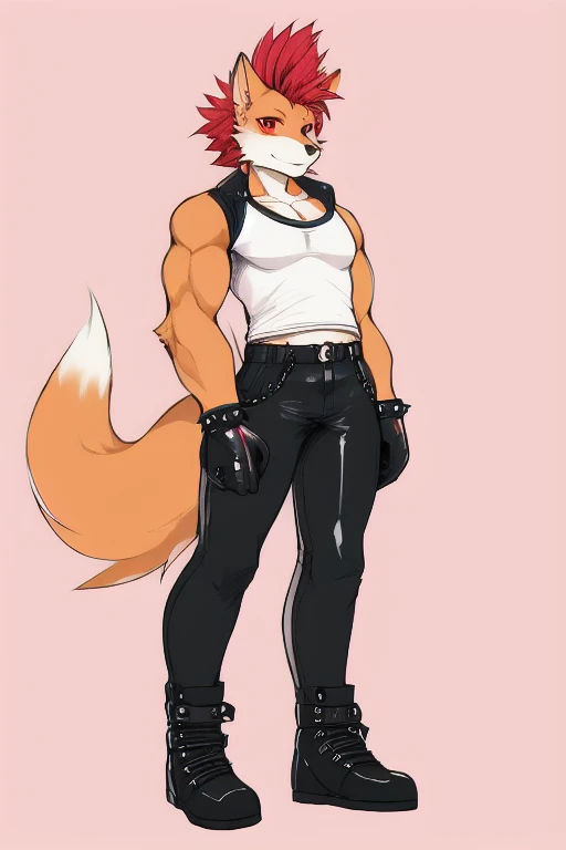 Furry, anthropomorphic wolf, orange fur, red hair, mohawk hairstyle, red eyes, 6'7 and 233, 50" Chest, 21" Shoulders, 17" Biceps, 36" Waist, 25" thighs, 17" calves, 20" back, shirtless, wearing black leather sleeveless biker vest, wearing white t-shirt with sleeves ripped off, V-neck t-shirt, wearing black leather pants, wearing black leather boots, wearing black bandana with yellow four pointed star on it, wearing red boxing gloves, pastel colors, soft colors, vivid colors, Kawamura Toshie artstyle, punk biker aesthetic