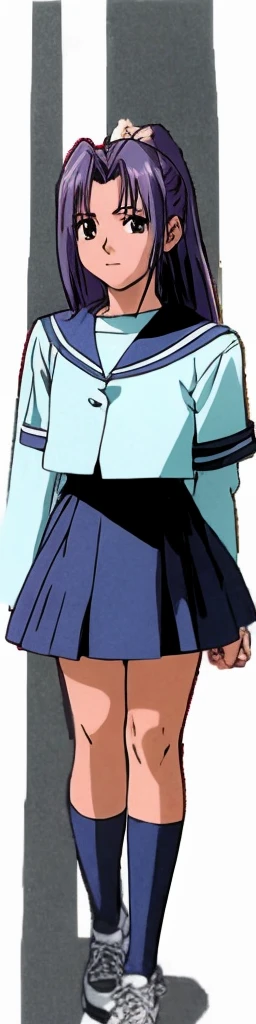 Momoko Koigakubo, a tall woman with beautiful legs, is standing in a dark blue sailor uniform with a mini skirt.。