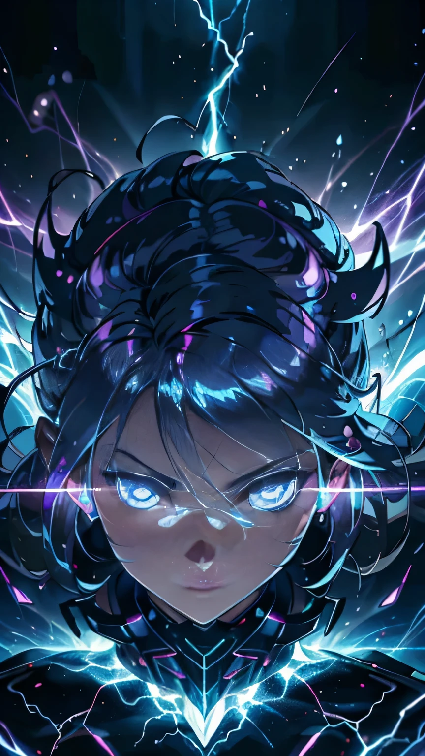 close-up of a person on a purple and blue background, full of lightning, glowing black aura, evil aura, 8K anime, epic anime about a creature with the power of lightning, epic anime style, Menacing aura, aura of darkness, develops into its final form, radiant aura of power, cosmic power glows and prospers, lots of lightning around the character, Hair with electricity, electricity passes through the body, hair with static electricity